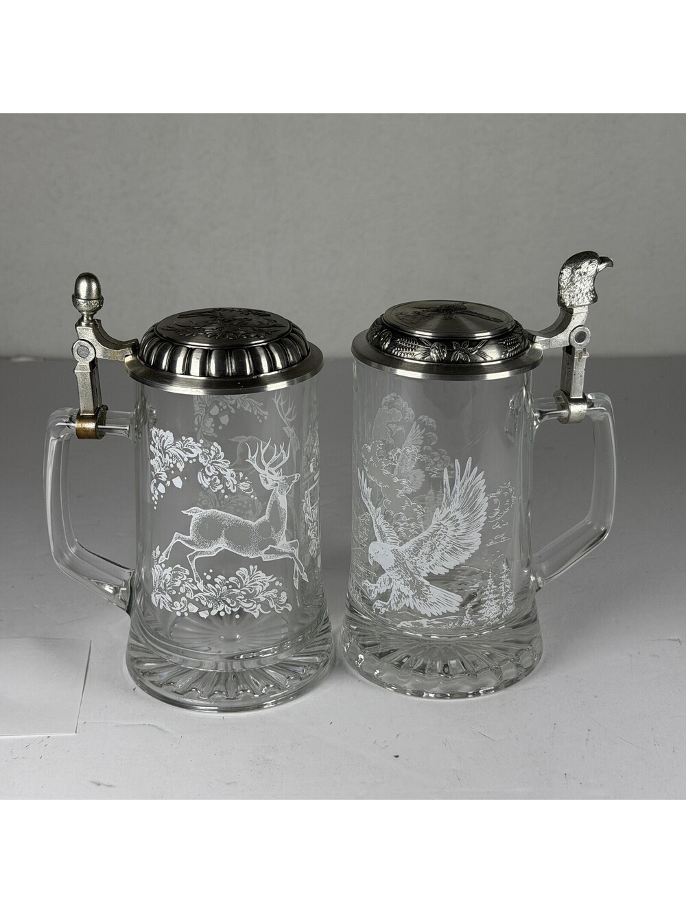 Set of 2 Vintage German Glass Beer Steins Wildlife Etched Pewter Lids D-3